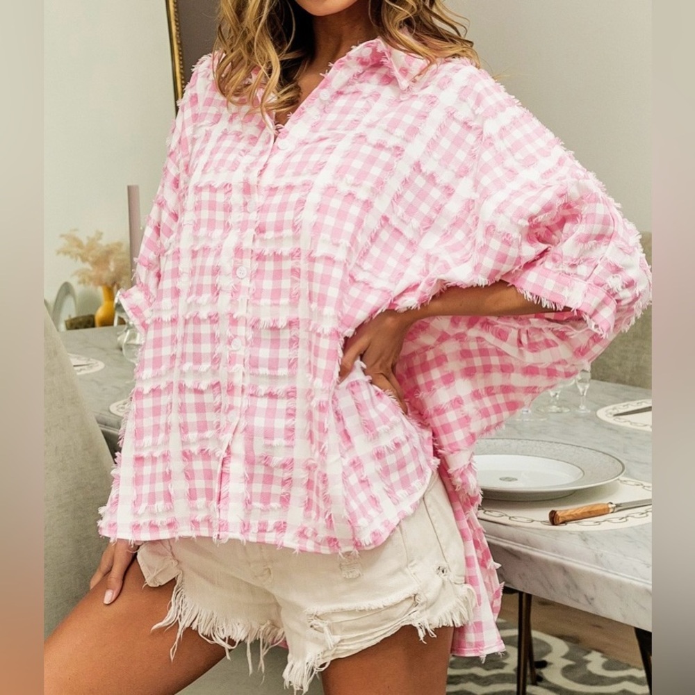 🔥🔥Frayed Details Gingham Blouse With Dolman Short Sleeves - Picture 3 of 4